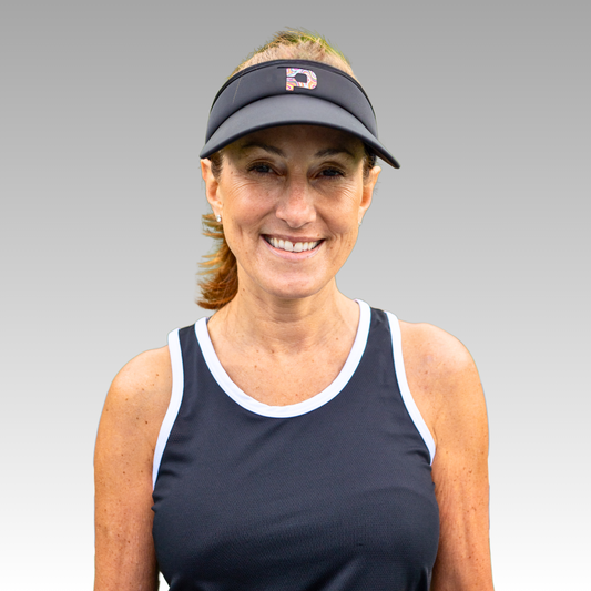 navy blue visor with navy blue tank top