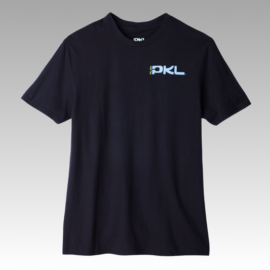 A navy blue t-shirt with the logo 'P KL' printed on the chest.