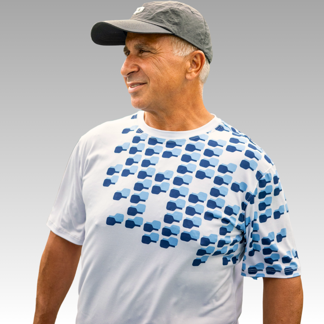 white t-shirt with blue geometric pattern