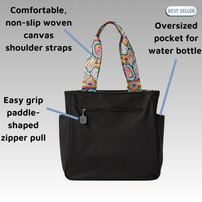 Black lulu tote with feature callouts