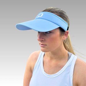 light blue visor and blue tank top