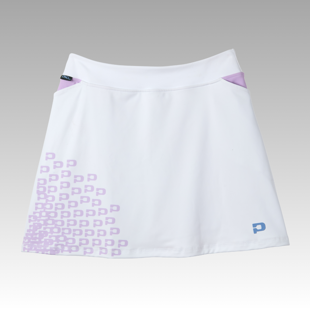 White skirt with purple pattern and accents on a gray background