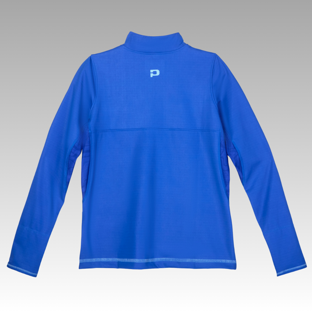 Back view of the pickleball blue long-sleeve shirt with a brand logo on a gray background