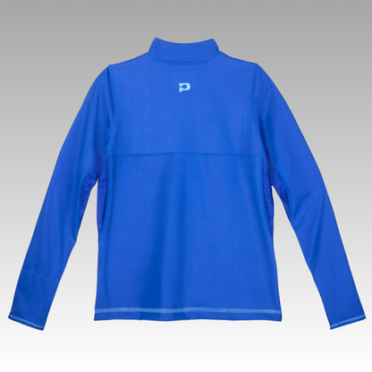 Back view of the pickleball blue long-sleeve shirt with a brand logo on a gray background