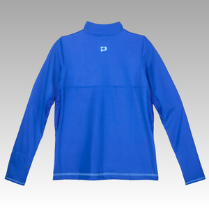 Back view of the pickleball blue long-sleeve shirt with a brand logo on a gray background