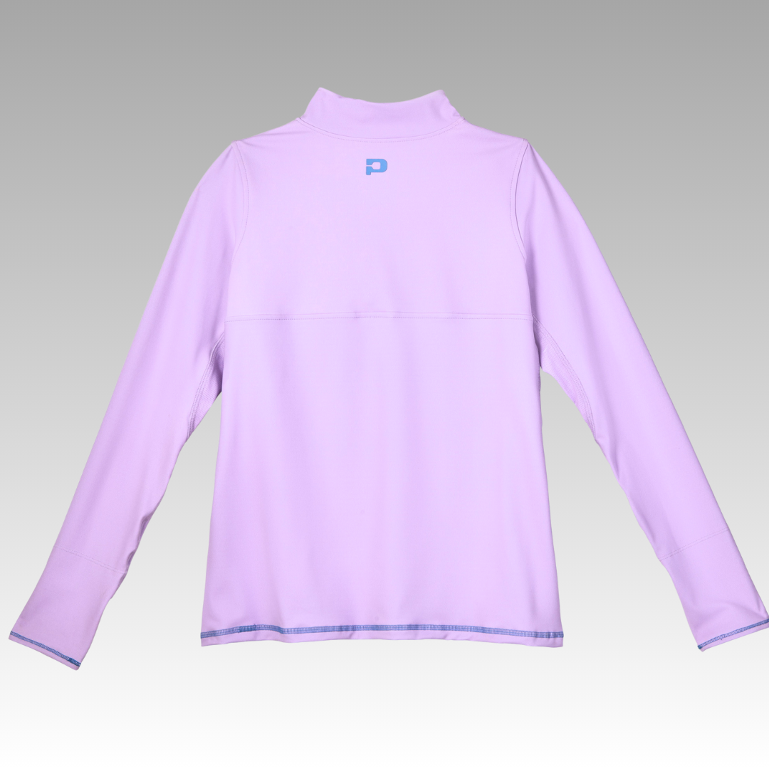 Back of the purple long-sleeve pickelball shirt on a gray background