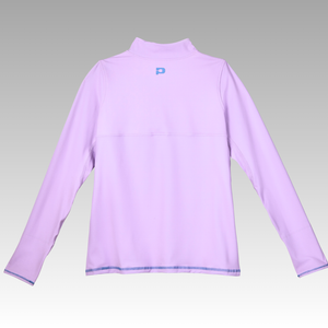 Back of the purple long-sleeve pickelball shirt on a gray background