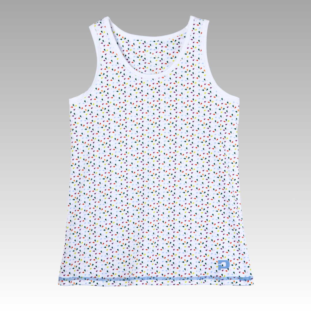 White pickleball tank top with colorful pattern on a gray background.  Top has a P logo on the bottom right of the shirt