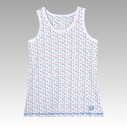 White pickleball tank top with colorful pattern on a gray background.  Top has a P logo on the bottom right of the shirt