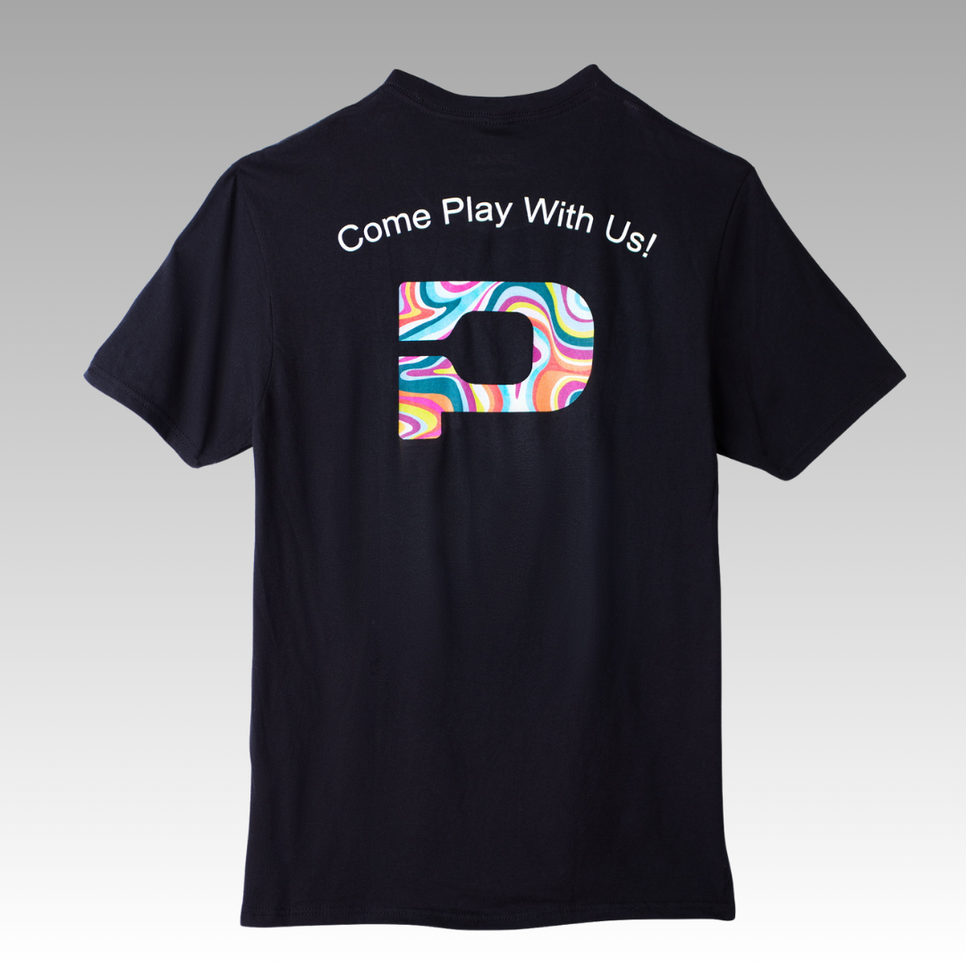 Back of pickleball shirt with printed Come play with us