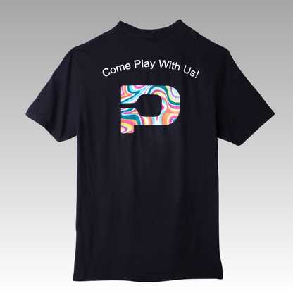 Back of pickleball shirt with printed Come play with us