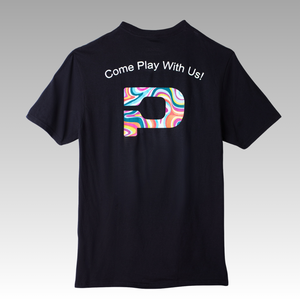 Back of pickleball shirt with printed Come play with us