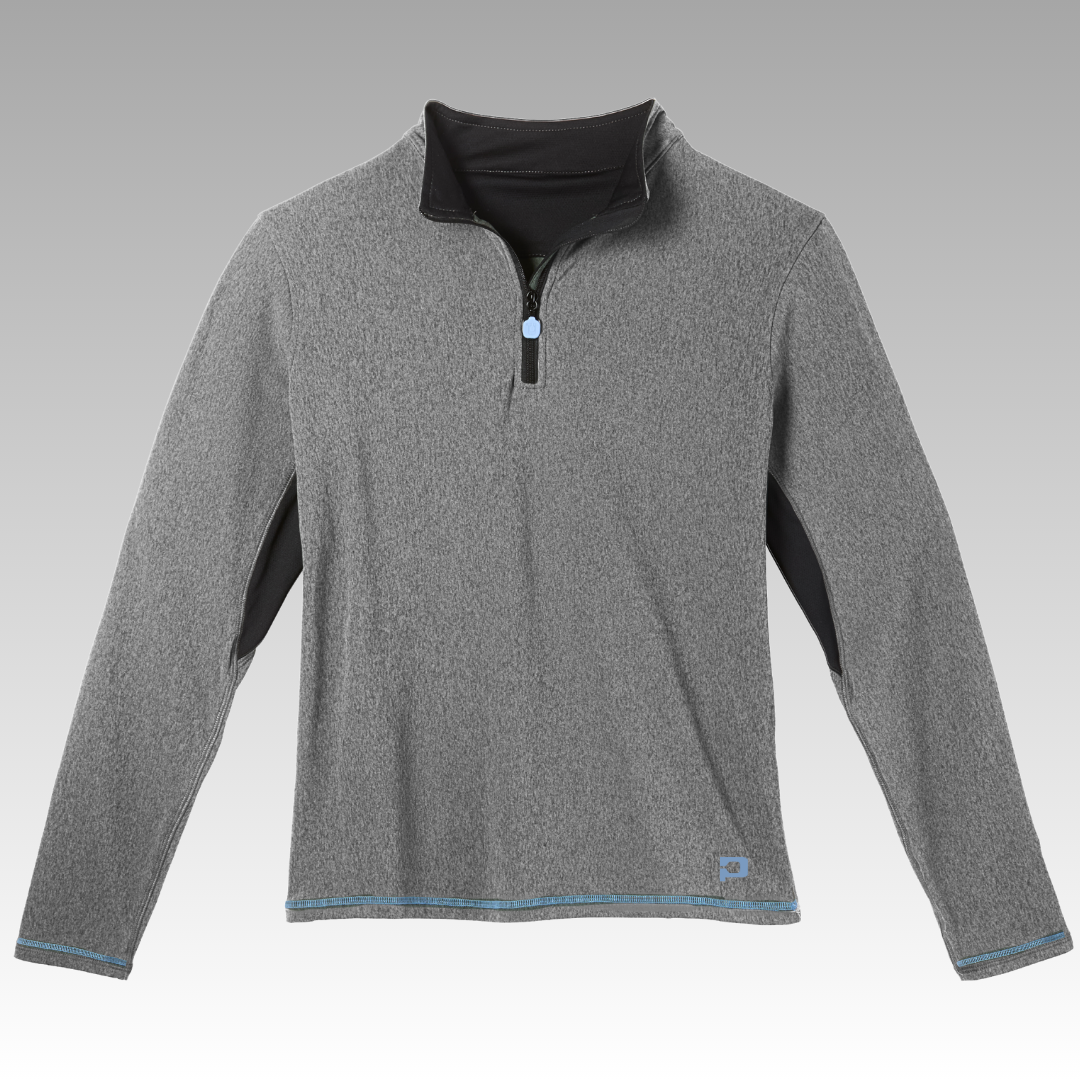 Gray long-sleeve shirt with black collar on a gray background