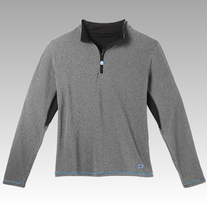 Gray long-sleeve shirt with black collar on a gray background