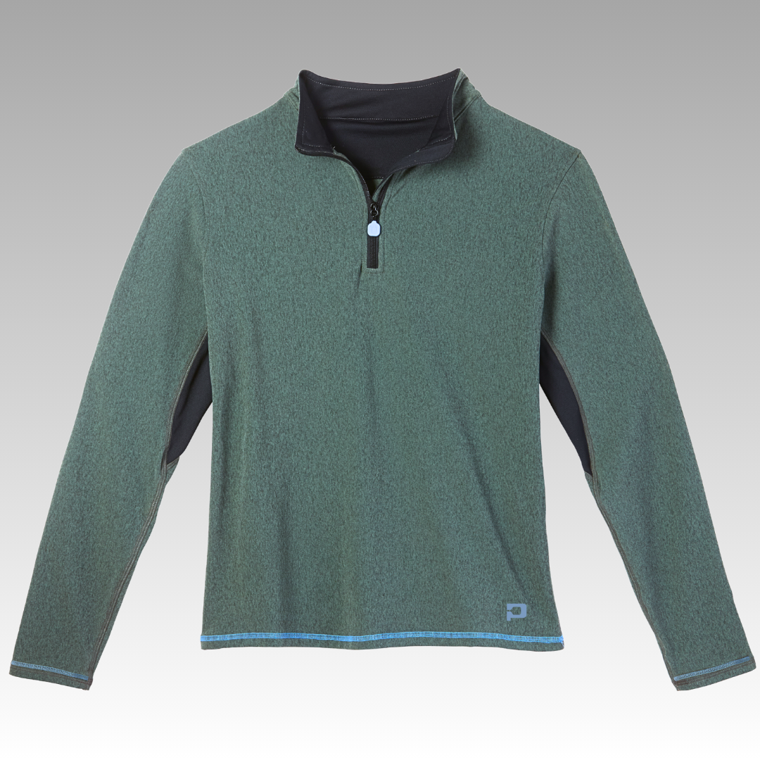 Green long-sleeve pullover with black collar on a gray background