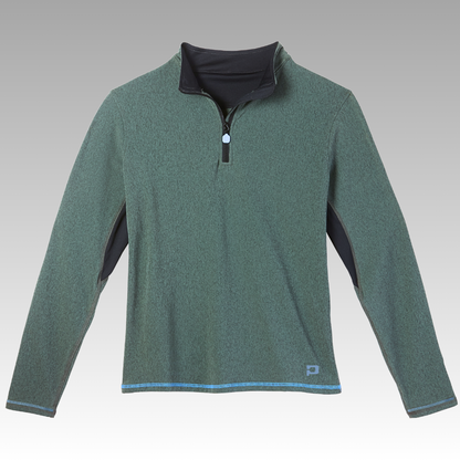 Green long-sleeve pullover with black collar on a gray background