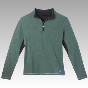 Green long-sleeve pullover with black collar on a gray background