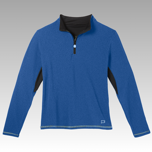 Blue long-sleeve shirt with black collar on a gray background