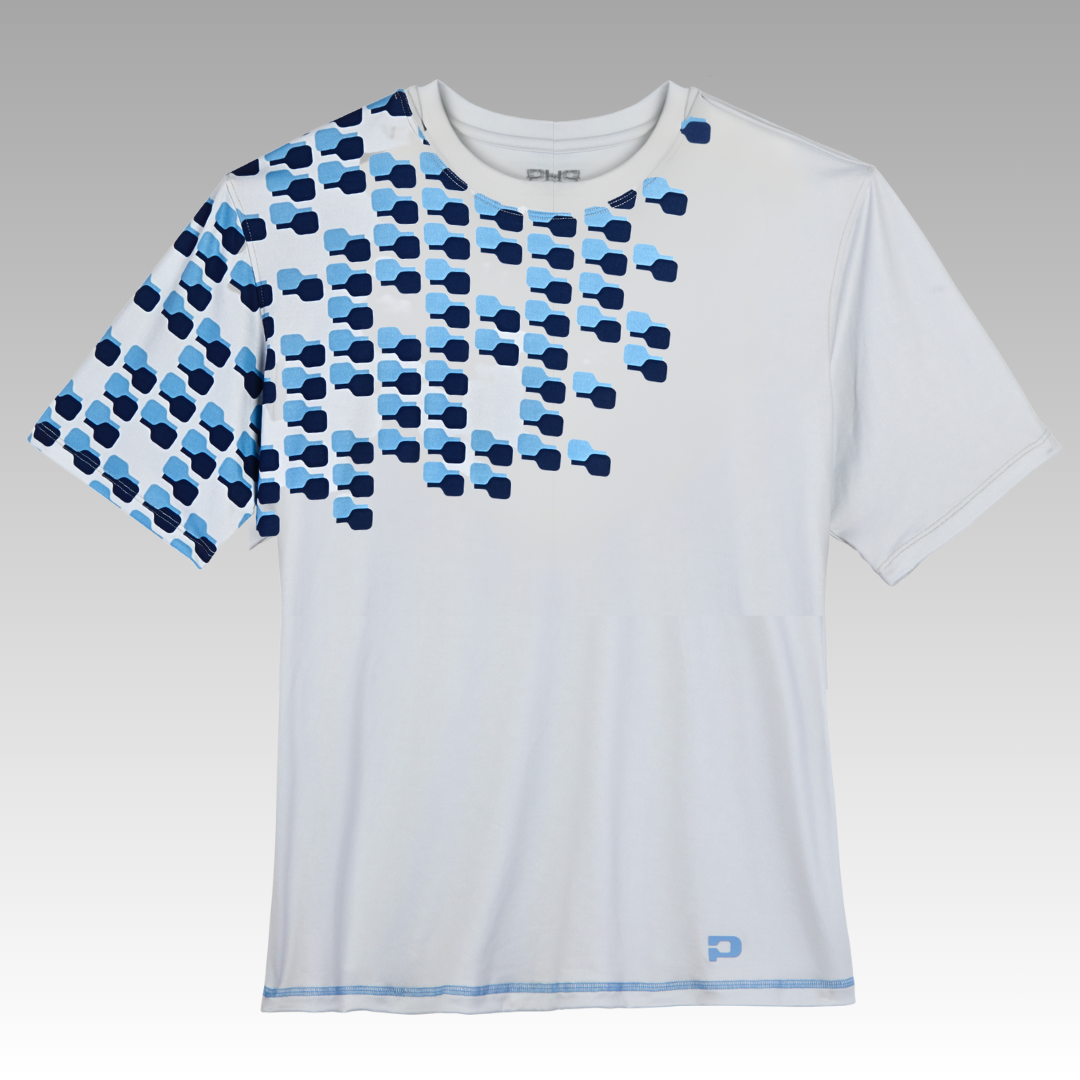 White t-shirt with blue geometric pattern on a gray background