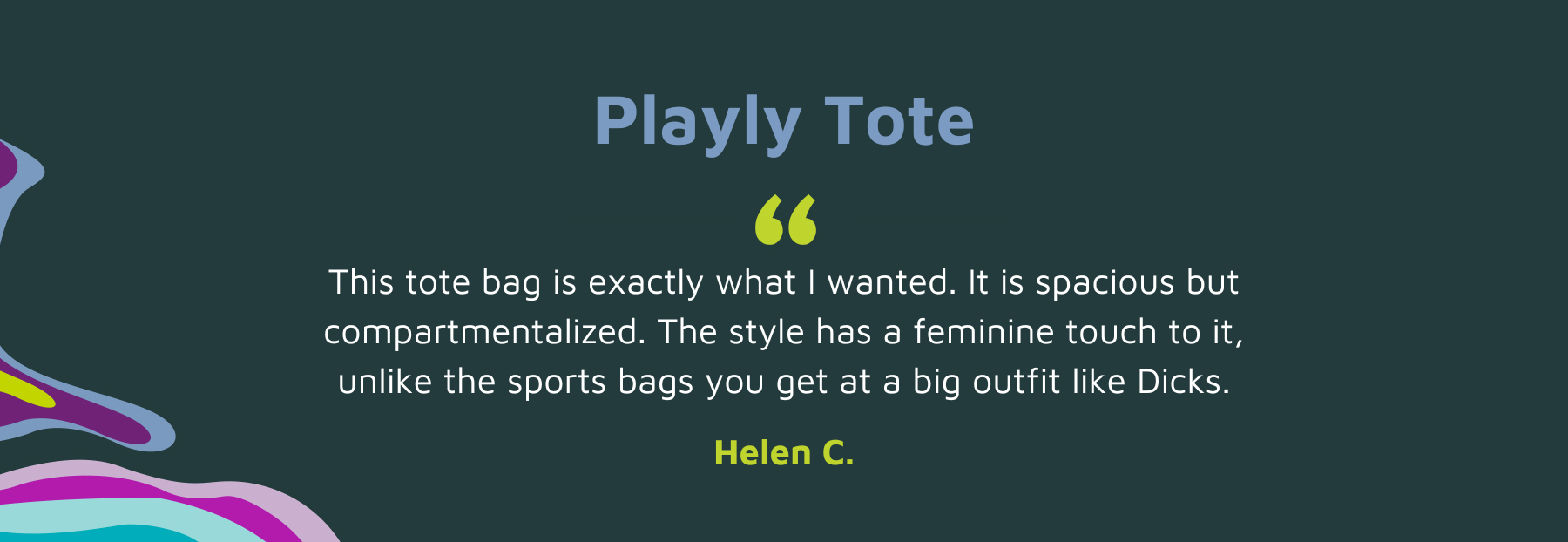 Text review of Playly Tote tote bag on a dark background