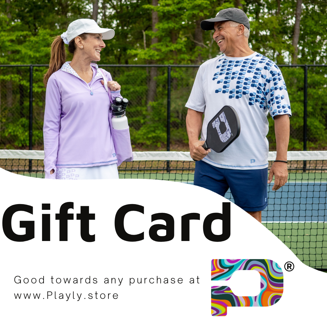 Two people on a pickleball court with a Playly gift card overlay.