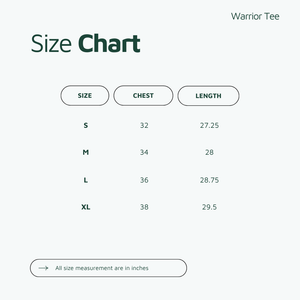 Warrior Tee size chart