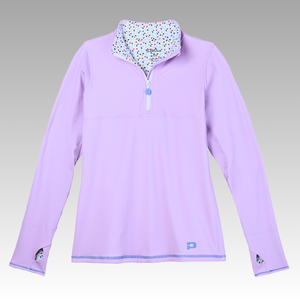 Front view of the purple long-sleeve pickleball shirt with a patterned collar on a gray background