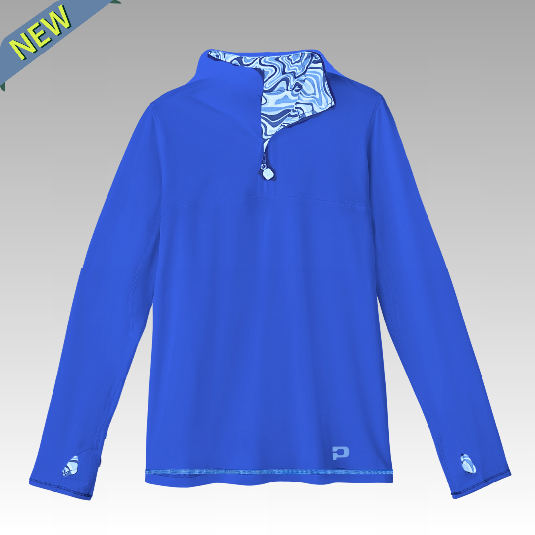 Blue long-sleeve pickleball shirt with patterned collar on a gray background