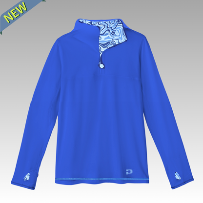 Blue long-sleeve pickleball shirt with patterned collar on a gray background