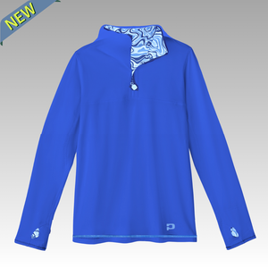 Blue long-sleeve pickleball shirt with patterned collar on a gray background