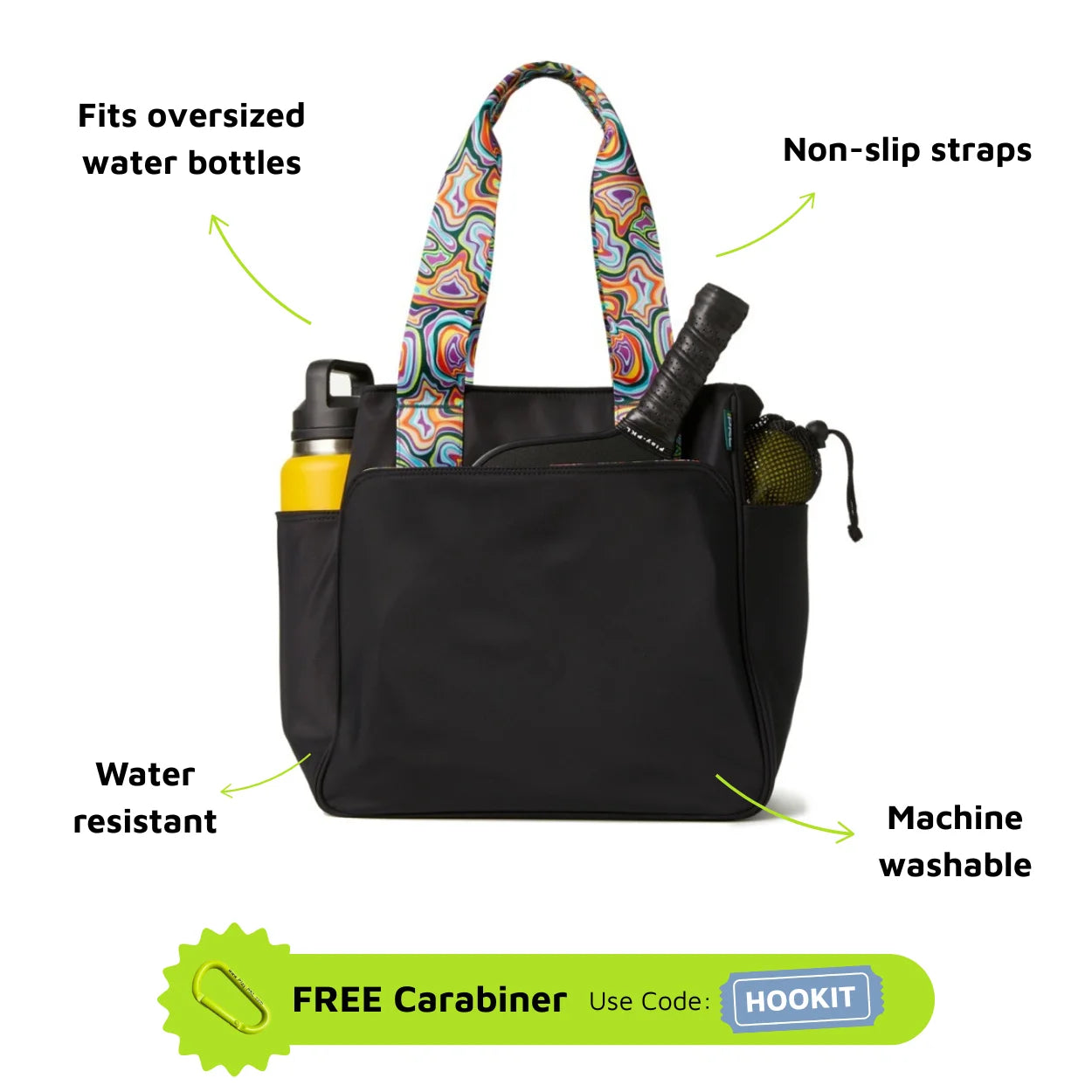 Tote with labels pointing to different features