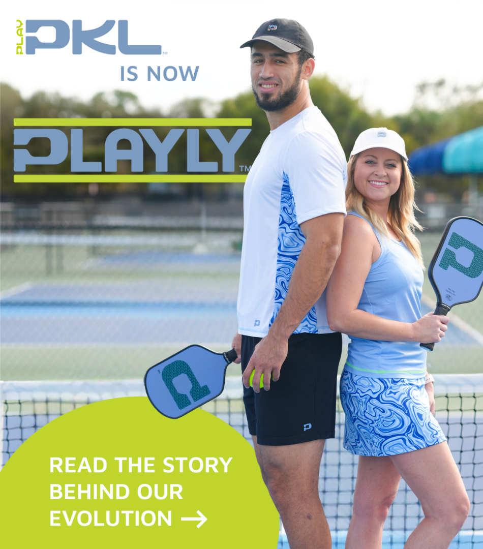 Two people on a pickleball court with 'PKL' and 'PLAYLY' branding.